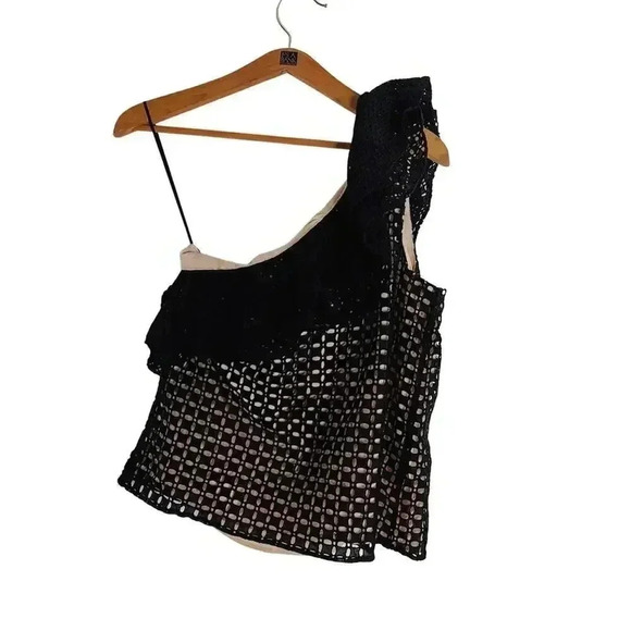 J Crew One Shoulder Black Eyelet Asymmetrical Blouse Lace Women's Size 8 - Picture 3 of 5